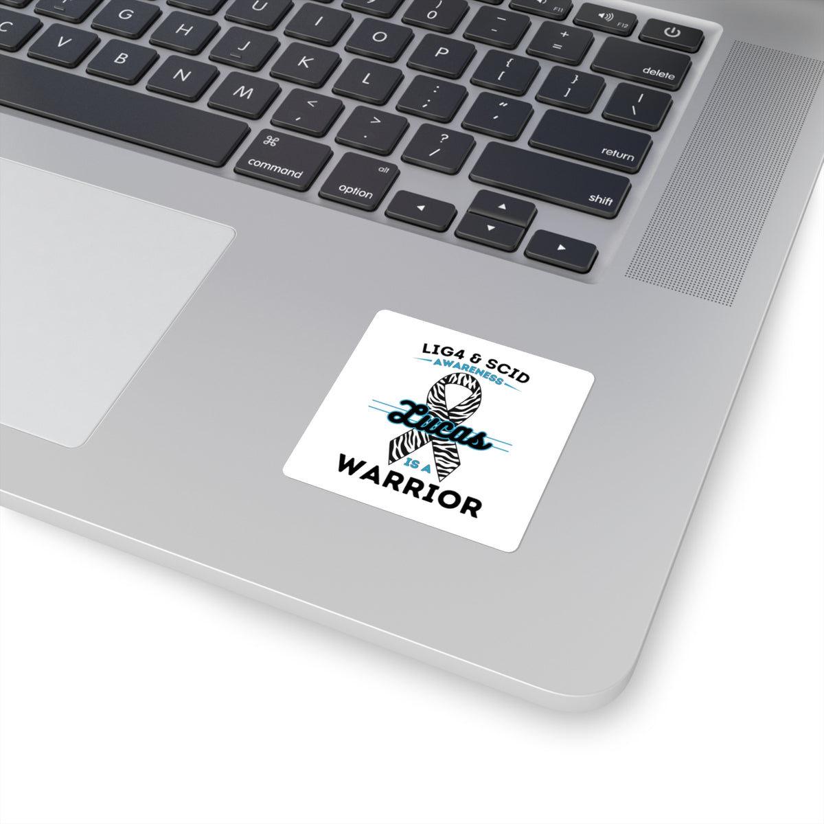 LIG4 & SCID Awareness Square Sticker — "Lucas is a Warrior" Zebra Ribbon