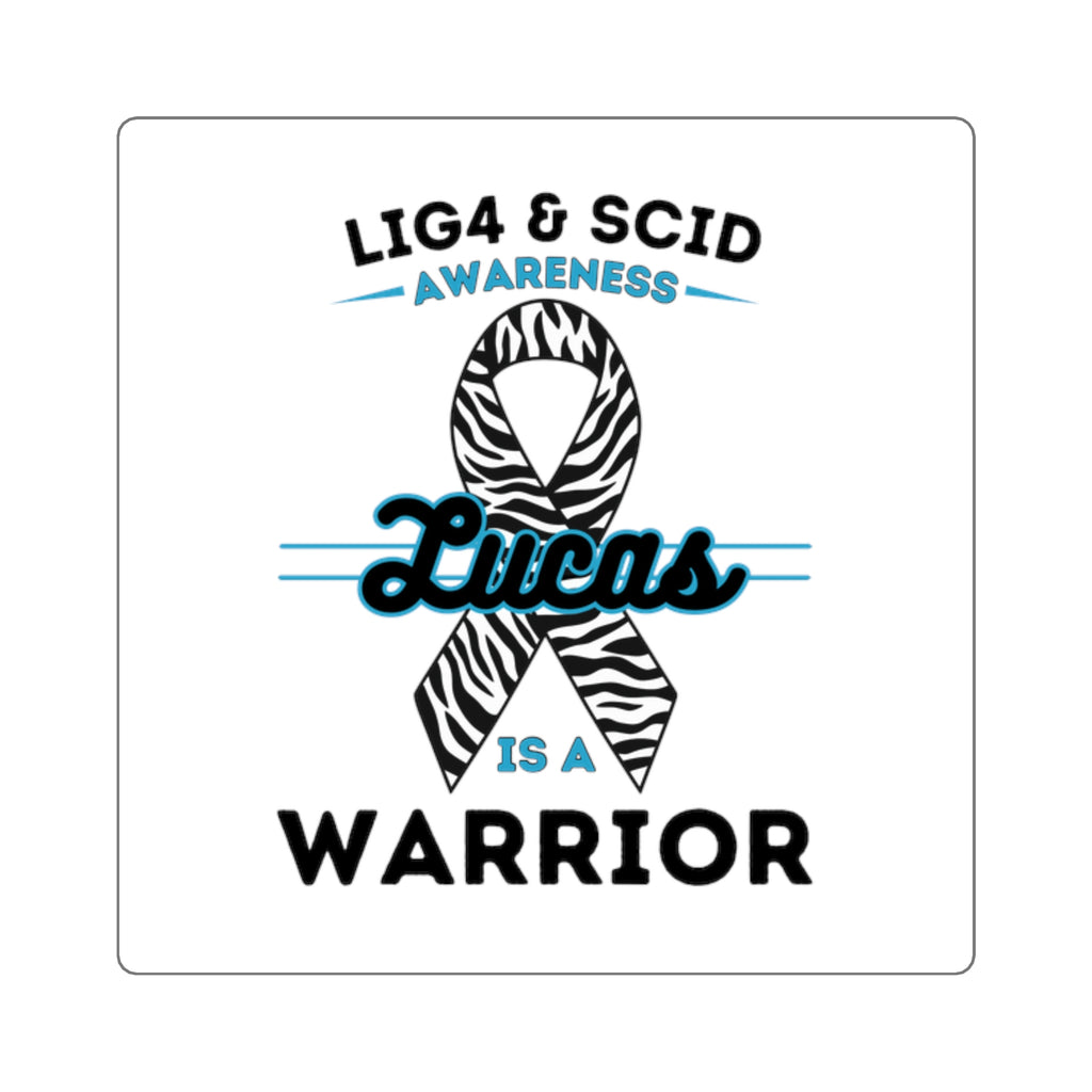LIG4 & SCID Awareness Square Sticker — "Lucas is a Warrior" Zebra Ribbon