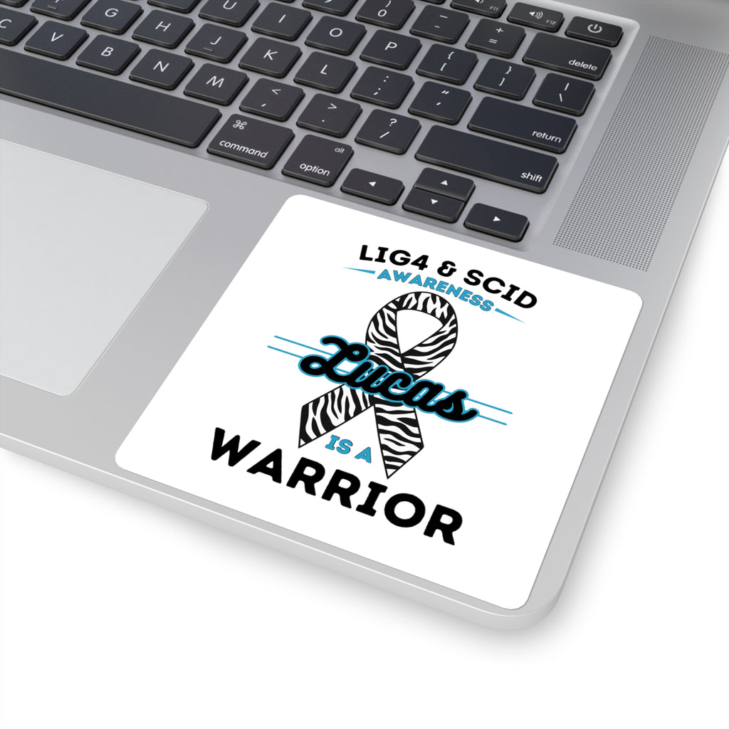 LIG4 & SCID Awareness Square Sticker — "Lucas is a Warrior" Zebra Ribbon