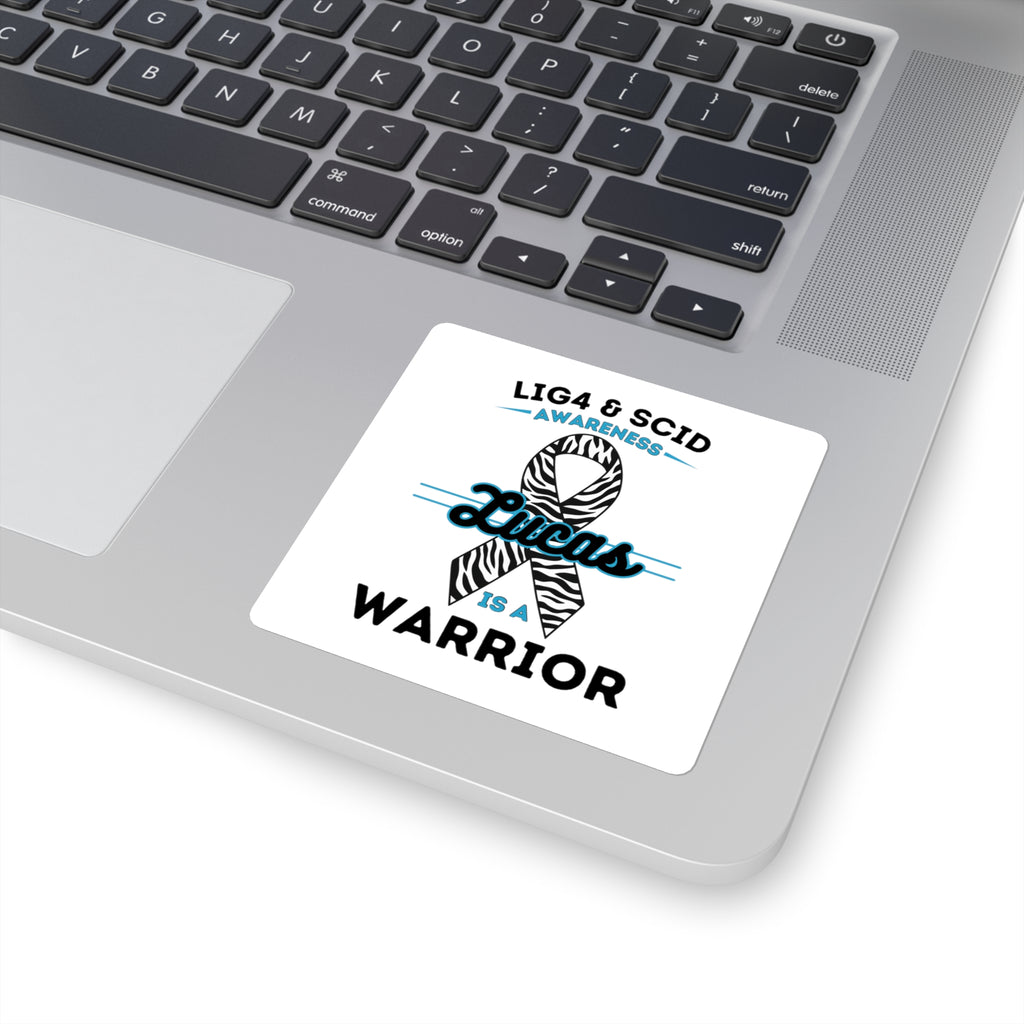 LIG4 & SCID Awareness Square Sticker — "Lucas is a Warrior" Zebra Ribbon