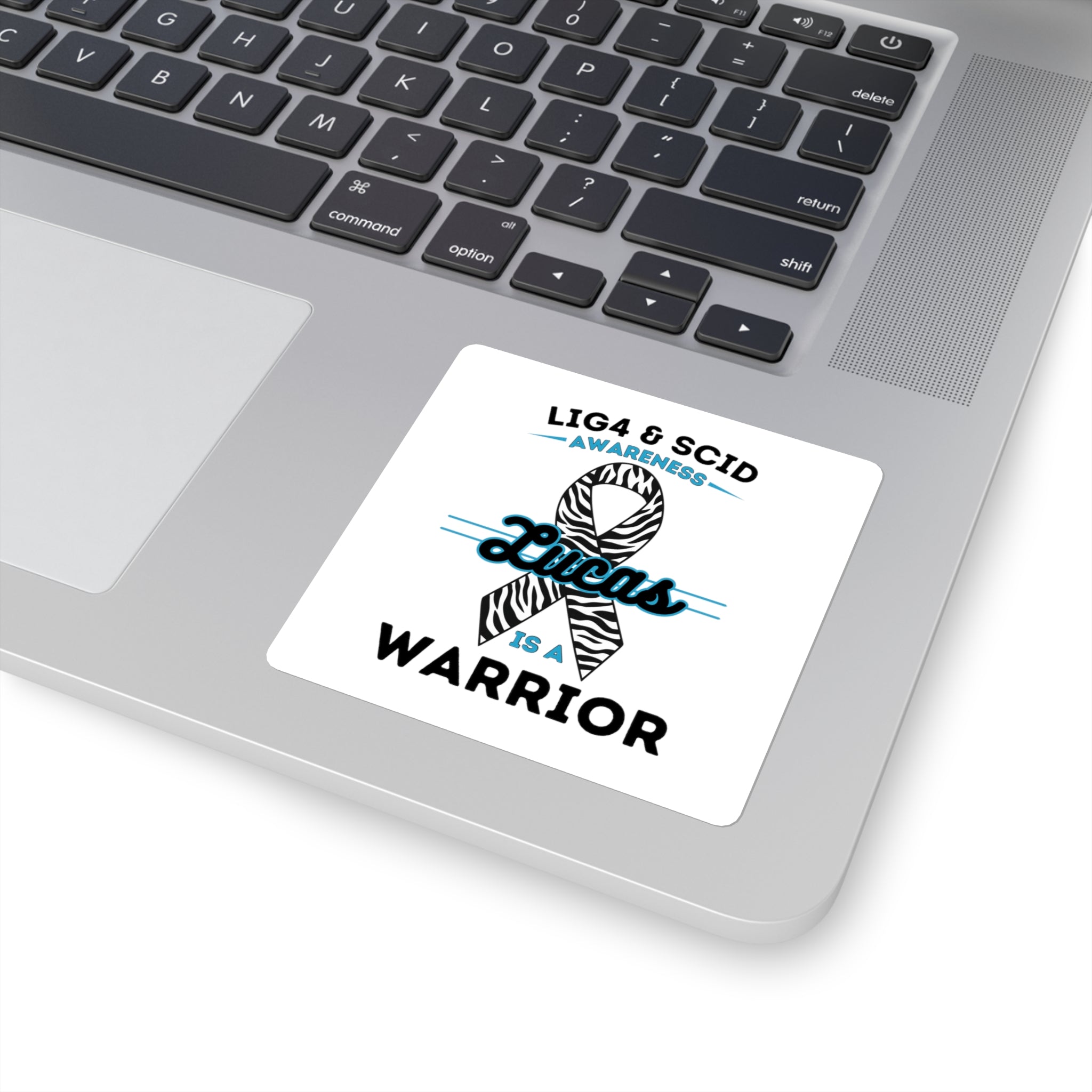 LIG4 & SCID Awareness Square Sticker — "Lucas is a Warrior" Zebra Ribbon